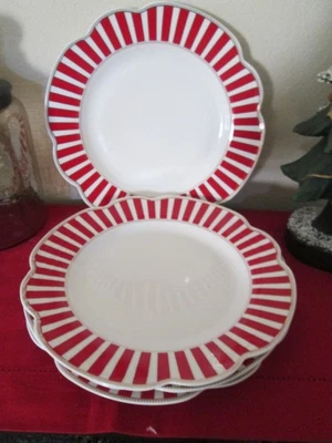 Set of Four Grace Teaware Red & White Scalloped 11.25” Dinner Plates /New - Image 1 of 4