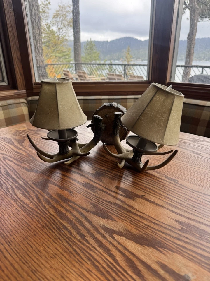 Aplique de pared de cabina de madera con asta sintética 2 luces $300 venta al por menor Foto 1 de 4