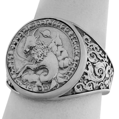 Real 18K White Gold Capricorn Ring, Zodiac Sign Mens Gold Coin Astrology Ring - Image 1 of 4