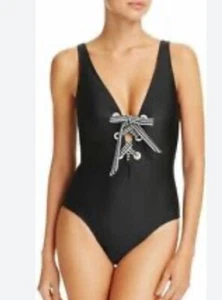 Anthropologie Shoshanna black  One Piece Swimsuit plaid tie up size 4 msrp 350 - Picture 1 of 9