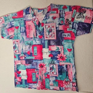 Vintage Crest Scrub Top Womens Medium Floral Pocket V-Neck Medical USA Made - Picture 1 of 8