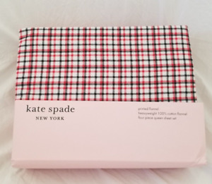 4 pc Kate Spade NY Red, Wht, Blk Plaid Heavyweight Flannel Queen Sheet Set NIP