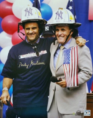 RUDY GUILIANI SIGNED JOE TORRE FIRE HELMETS WORLD TRADE GROUND ZERO 16x20 PHOTO - Image 1 of 3