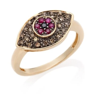 Rarities 10K Yellow Gold, Real Champagne Diamond & Ruby Evil Eye Ring Size 8 - Image 1 of 3