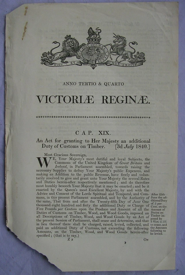 1840 Act of Parliament: Duty on Timber - Image 1 of 1