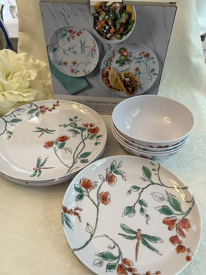 Martha Stewart Melamine 12pc Dinner Dish Bowl Set Boxed Dragonfly Design Pattern