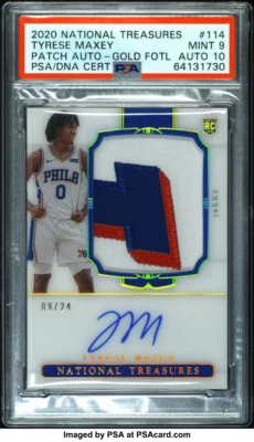 PSA 9 AUTO 10 2020-21 NATIONAL TREASURES FOTL TYRESE MAXEY TRUE RPA GOLD 9 OF 24 - Image 1 of 4