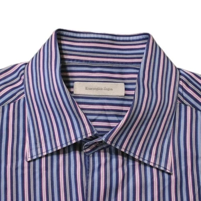 Camisa Ermenegildo Zegna Para Hombre L Azul Rosa Rayas Abotonadas Manga Larga Italia Foto 1 de 4