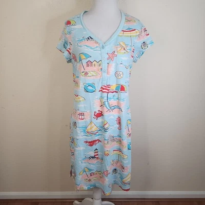 Nick & Nora Camisón Mujer Pequeño Azul Estampado Playa Camisa para Dormir Bolsillos Vacaciones Foto 1 de 4