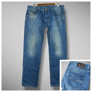 Diesel Jeans Mens 36x32 Blue Larkee Straight Leg Whiskered Faded Distressed - Picture 1 of 16