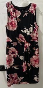White House Black Market Size L Black with Pink Flower Design Moch Wrap Dress - Picture 1 of 8