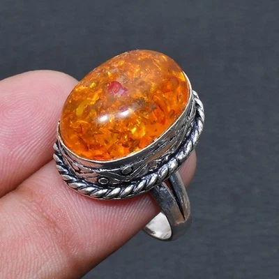 Anillo de joyería hecho a mano ámbar báltico talla 8 z342 EE. UU. Foto 1 de 3