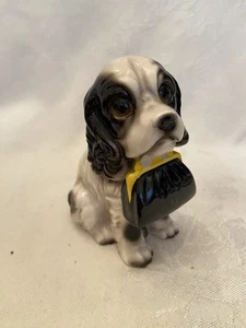 Vintage SEATED BLACK & WHITE SPANIEL w/ Lady's Purse Japan 4 1/2" - Picture 1 of 6