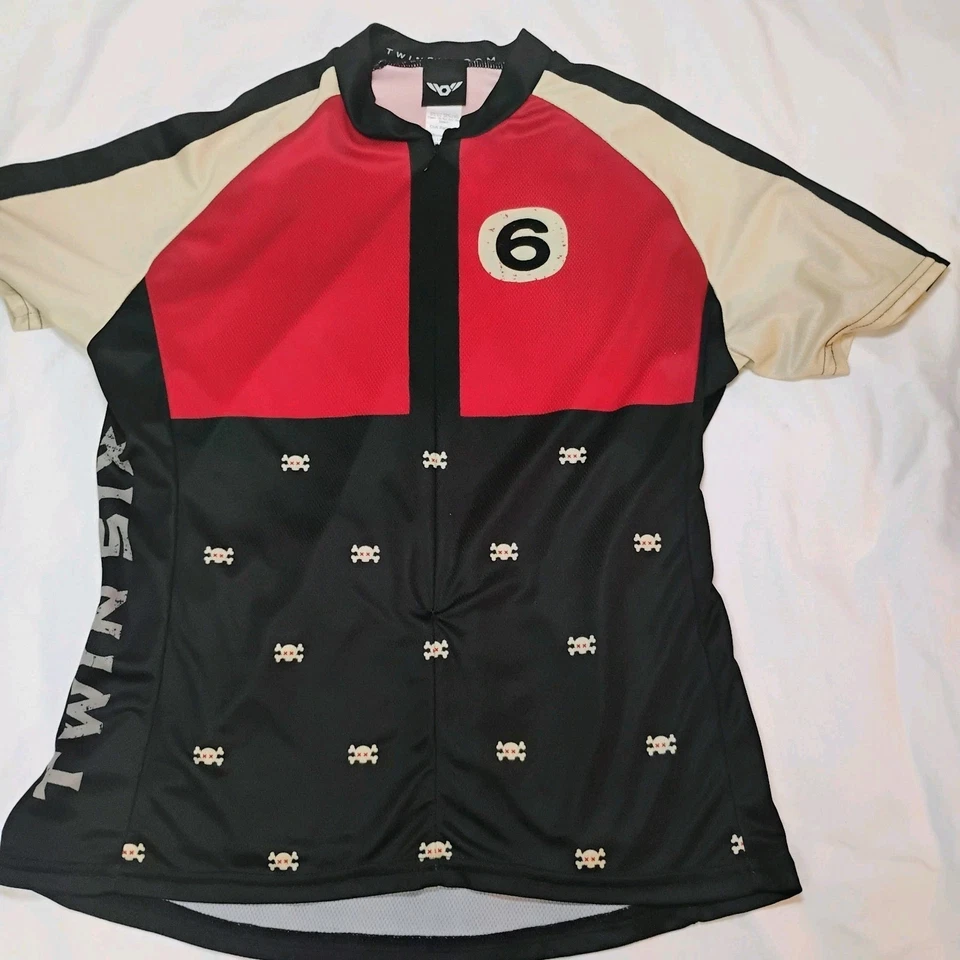 TwinSix Cycling Jersey Women's Large 3/4Zipper Pockets ShortSleeve ScarletSkulls - Image 1 of 4