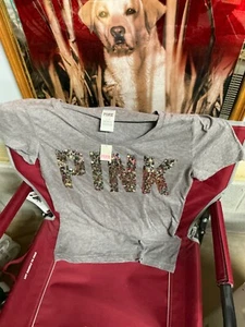 NWT Victoria’s Secret Pink GREY Bling Sequined Glitter Logo T-Shirt Size L - Picture 1 of 1