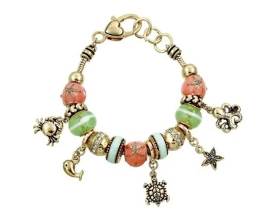 Gold Finish Sea Life Charm Bracelet  Dolphin Turtle Starfish Crystal and Beads - Image 1 of 4