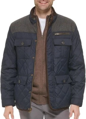 Vince Camuto Men's Navy Diamond Quilted Jacket with Plaid Yoke L - Image 1 of 4