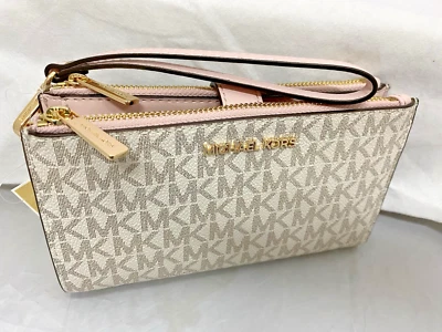 Portafoglio telefono doppia zip Michael Kors polso vaniglia firma MK blush polvere - Immagine 1 di 4