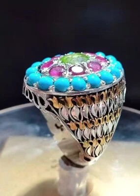 Anillo Multi Piedra Hombres Turquesa Azul Anillo Rojo Rubí Periodot Piedra Ovalado Plata 925 Foto 1 de 4
