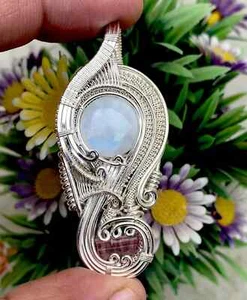 Sterling Silber Draht umwickelt Mondstein Anhänger roher Turmalin Anhänger - Bild 1 von 4