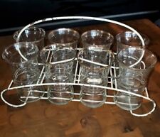 RARE! 1940s Vintage Retro 8 Piece Glass Set W/ Shabby Wire Holding Carrier 