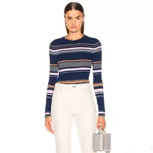 Frame Wool Blend Ribbed Knit Striped Long Sleeve Contemporary Crew Sweater Top - Picture 1 of 11