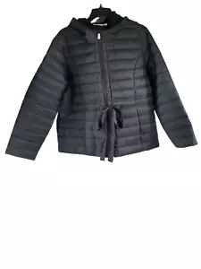 Denim & Co. Women's Cinched Waist Puffer Jacket w/ Lined Hood Size L Color Black - Picture 1 of 3