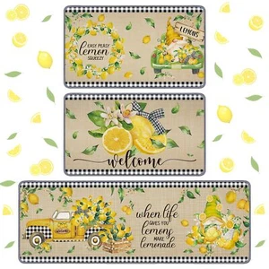 3 Pcs Lemon Themed Kitchen Rugs Gnomes Rug Retro Style Non Slip Kitchen Lemon... - Picture 1 of 6