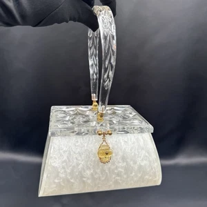 Vintage Rialto NY Marbled Pearl Lucite Carved Clear Top Purse Handbag - Picture 1 of 21