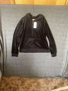 Juicy Couture Hoodie Womens Large Black Velour Zip Up Crown Graphic MSRP $118.00 - Picture 1 of 10