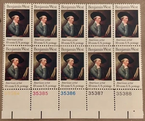Scott #1553 Benjamin West, 1975 USPS Block of Ten 10¢ Stamps MNH/OG, VF/XF - Picture 1 of 2