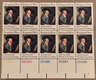 Scott #1553 Benjamin West, 1975 USPS Block of Ten 10¢ Stamps MNH/OG, VF/XF - Image 1 of 2
