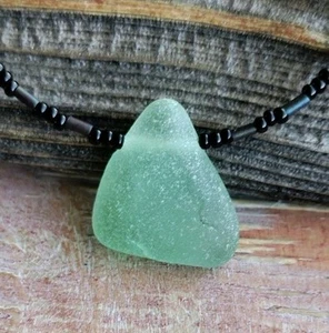Gift for Her Green Sea Glass Necklace Surf Hawaii Beach Genuine Beaded Bright - Picture 1 of 5