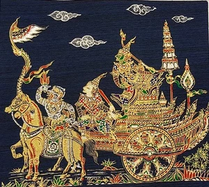 Thai Art Silk Paintings Handmade Ramayana MultiColor Poster Wall Blue Home Decor - Picture 1 of 6