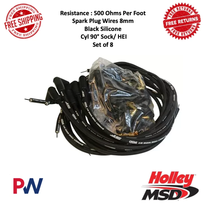 Fio de vela de ignição MSD Street Fire 8mm preto silicone cilindro 90 graus meia/HEI conjunto de 8 - Imagem 1 de 2