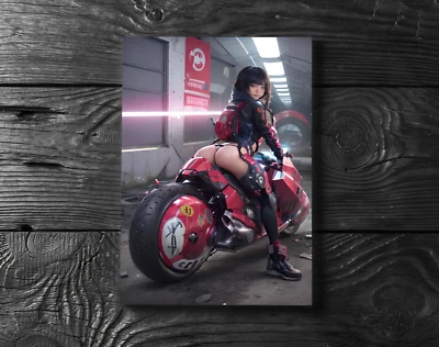 Sexy Asian CyberPunk Waifu Anime Girl On Bike Poster Print - No Frame