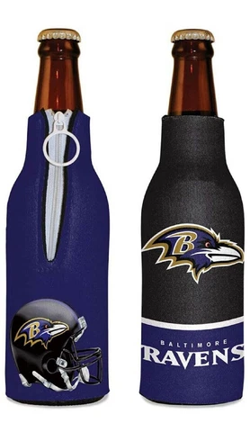 Baltimore Ravens Bottle Cooler 12 oz Zip Up Koozie Jacket NFL Two Sided Cover