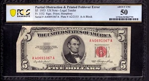 1953 $5 LEGAL TENDER OBSTRUCTED PRINTING PRINTED FOLD OVER ERROR PCGS B AU 50 - Picture 1 of 4