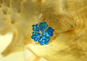 22.5MM RHODIUM 925 STER SILVER INLAID BLUE OPAL HAWAIIAN HIBISCUS SLIDE PENDANT - Picture 1 of 5