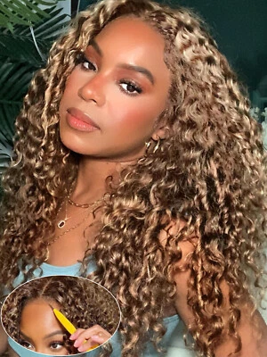 UNice Peruvian Ombre Blonde Curly Glueless Wear Go Wigs Human Hair Pre Cut Lace - Image 1 of 4
