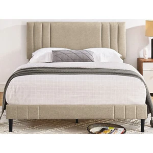 DeCoro Chicago Modern Tufted Upholstered Platform King Size Bed Frame, Linen - Picture 1 of 11