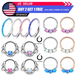 16G OPAL Septum Clicker Surgical Seel Hinged Nose Ring Hoop Daith Conch Earrings - Picture 1 of 26