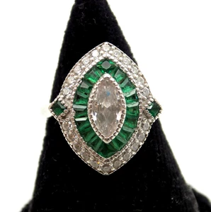 Contessa di capri Sterling Silver Green Clear Glass Art Deco Style Ring 4.75 - Picture 1 of 5