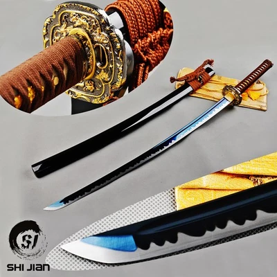dark brown ito sageo Japanese samurai katana sword sharp blue carbon steel blade - Image 1 of 4