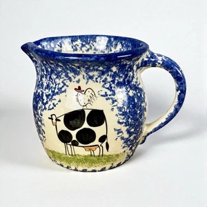 Vintage Molly Dallas Blue Spatterware Pottery Pitcher Cow & Chicken Folk Art 5″ - Picture 1 of 16