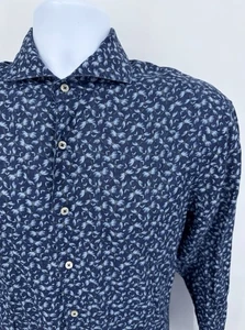 Stenstroms Men's Medium 100% Linen Blue Floral Fitted Body Button Down Shirt - Picture 1 of 6