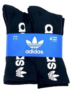 Adidas Men's Logo Socks Crew Shoe Size 6-12 Black/White 6 Pairs Large 6-12 - Picture 1 of 2