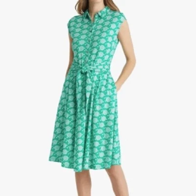 Vestido Camisa Boden Estampado Geométrico Manga Gorra Botón Frontal Talla 4 Verde Kelly Foto 1 de 4