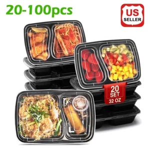 32oz Food Meal Prep Containers 2 Compartment Lunch Box Microwave Safe & Reusable - Picture 1 of 9