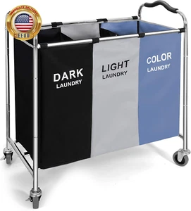 Laundry Basket, Large Laundry Hamper with Wheels, 3 Section Laundry Bag Organize - Picture 1 of 5